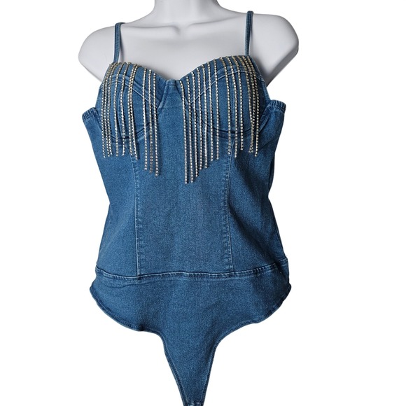Haute Monde Tops - Haute Monde Denim Rhinestone Fringe Corset Bodysuit Blue Cowgirl Western Glam‎